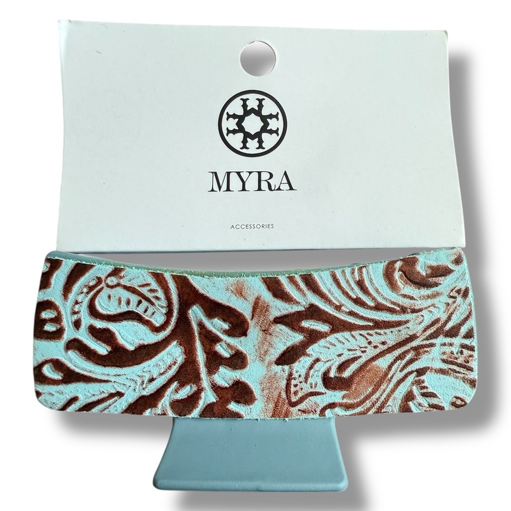 Myra Small Hair Comb Clip with Turquoise Hand-Tooled Embossed Leather - NWT